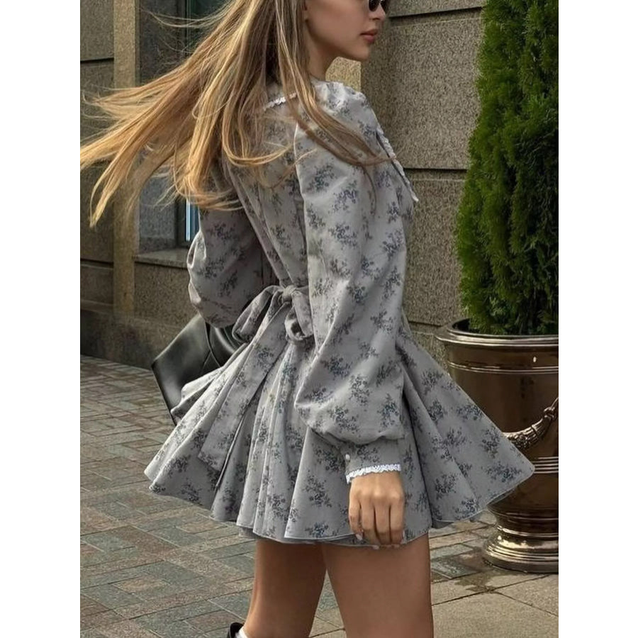 Floral Print Puff Sleeve Button-Down Mini Dress Dark Gray / S Apparel and Accessories