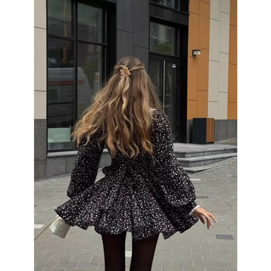 Floral Print Puff Sleeve Button-Down Mini Dress Apparel and Accessories