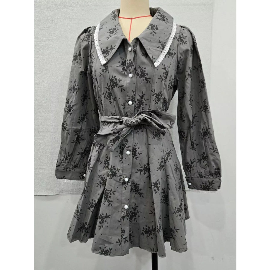 Floral Print Puff Sleeve Button-Down Mini Dress Apparel and Accessories