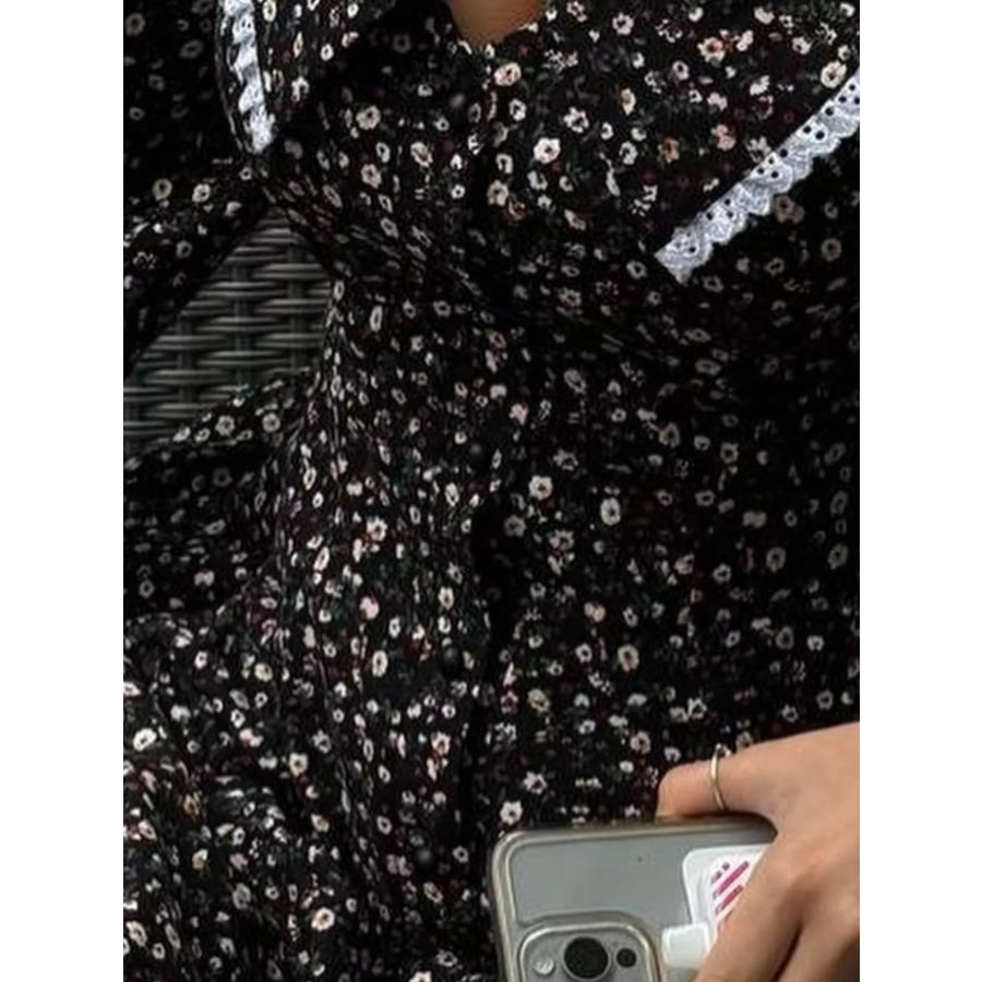 Floral Print Puff Sleeve Button-Down Mini Dress Apparel and Accessories