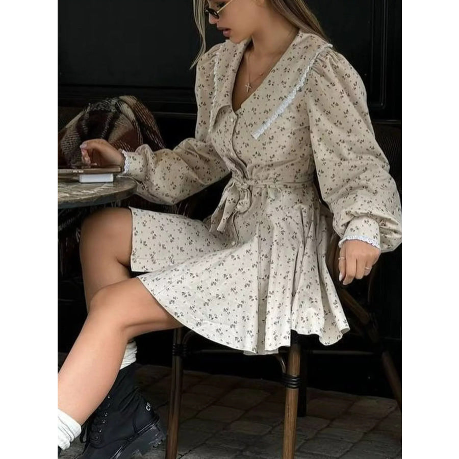 Floral Print Puff Sleeve Button-Down Mini Dress Apparel and Accessories