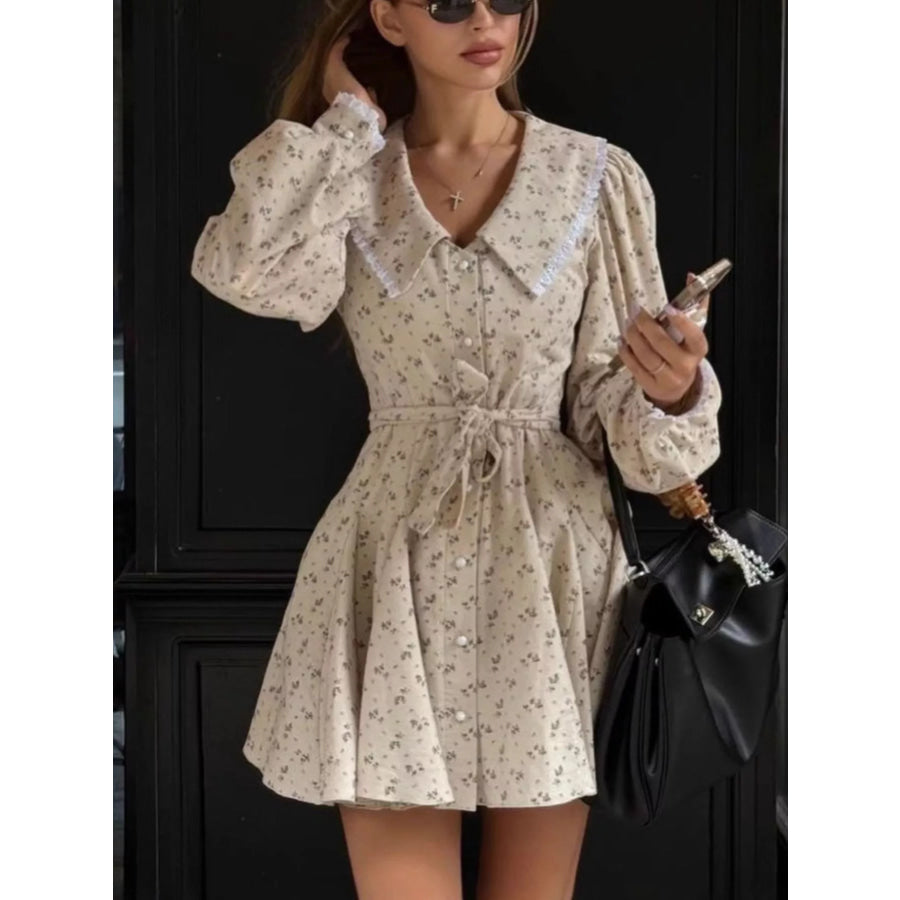 Floral Print Puff Sleeve Button-Down Mini Dress Beige / S Apparel and Accessories