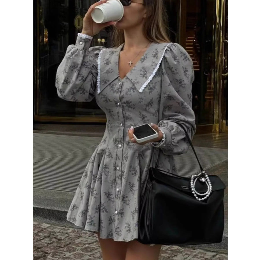 Floral Print Puff Sleeve Button-Down Mini Dress Dark Gray / S Apparel and Accessories