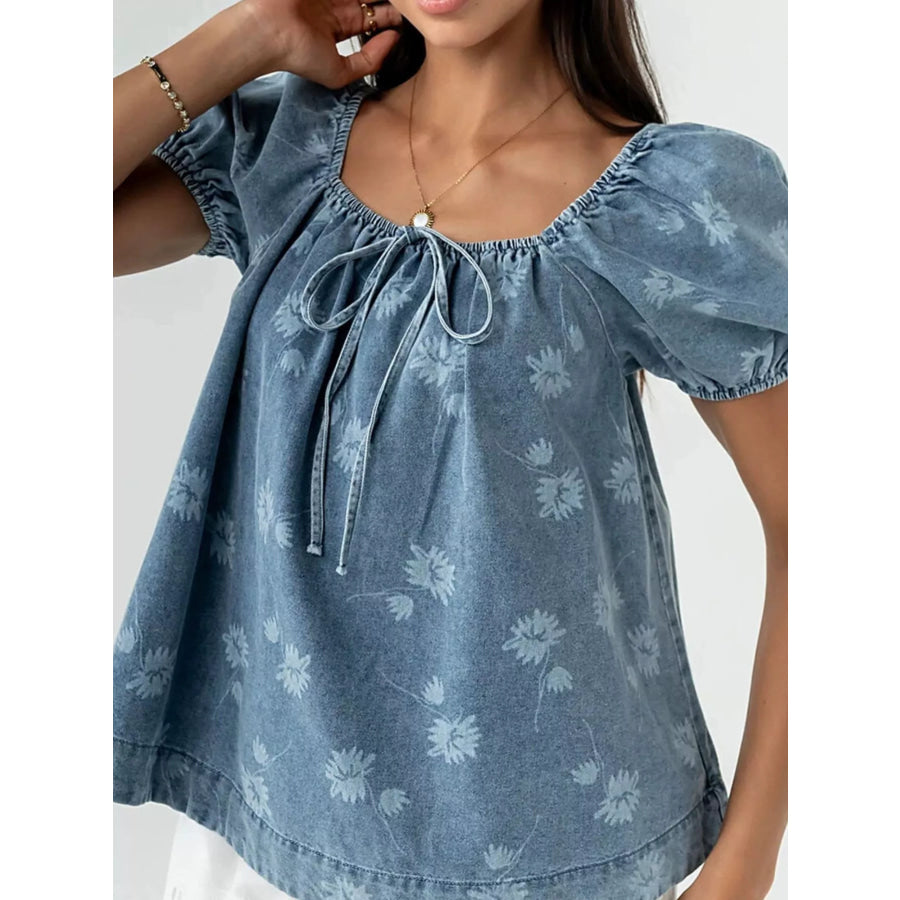 Floral Print Puff Sleeve Denim Top Apparel and Accessories