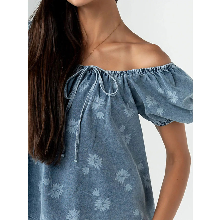 Floral Print Puff Sleeve Denim Top Apparel and Accessories