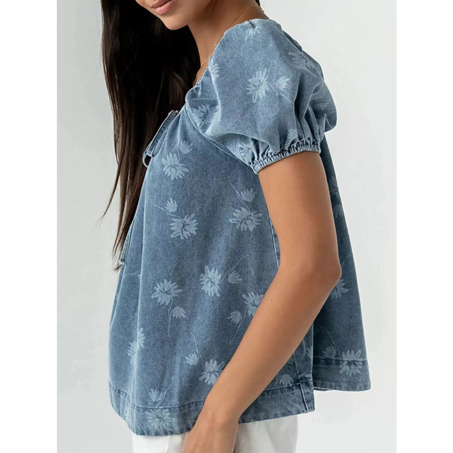 Floral Print Puff Sleeve Denim Top Apparel and Accessories