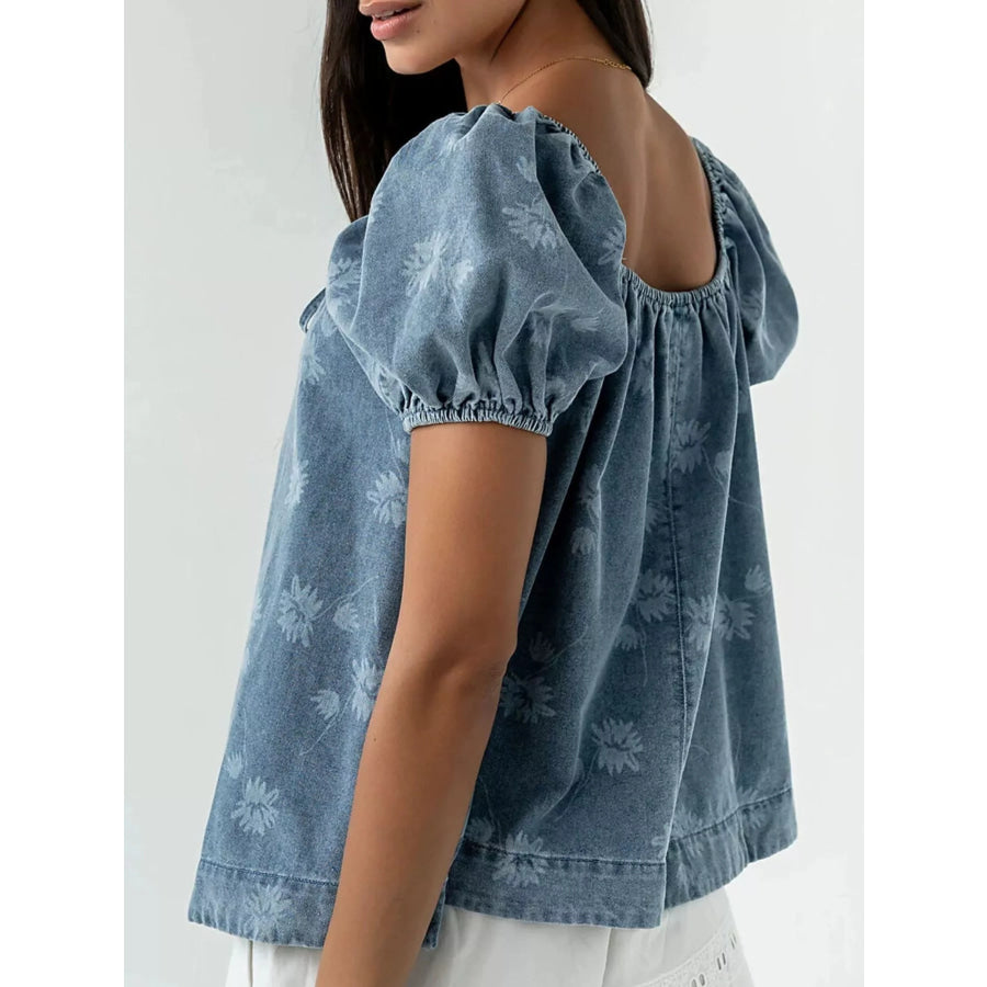 Floral Print Puff Sleeve Denim Top Apparel and Accessories