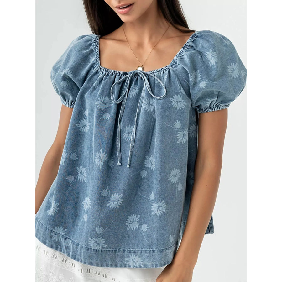 Floral Print Puff Sleeve Denim Top Blue / S Apparel and Accessories