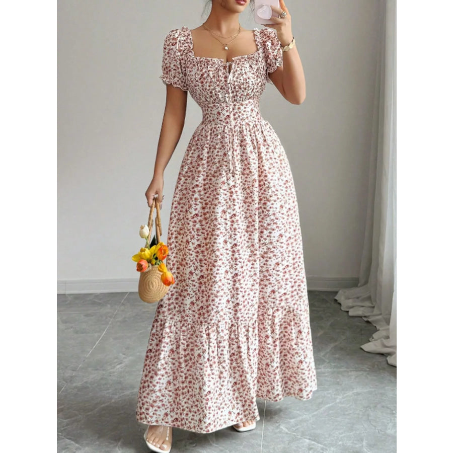 Floral Print Puff Sleeve Maxi Dress Red / S Apparel and Accessories