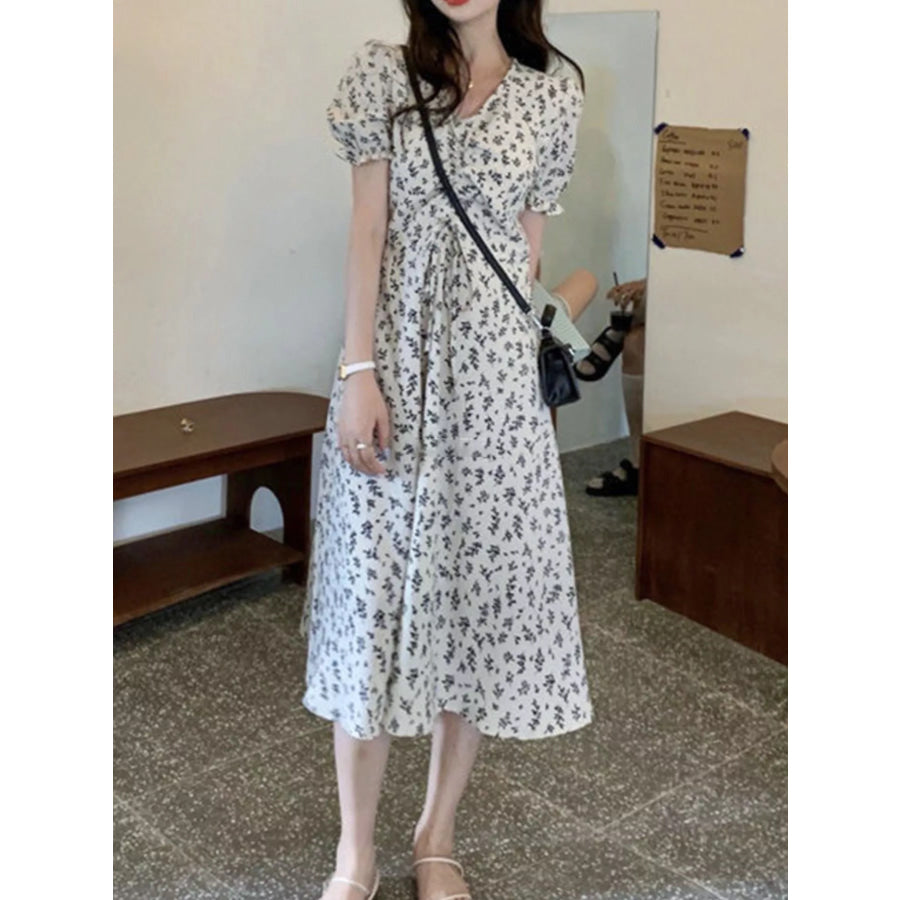 Floral Print Puff Sleeve Midi Dress White / S Apparel and Accessories