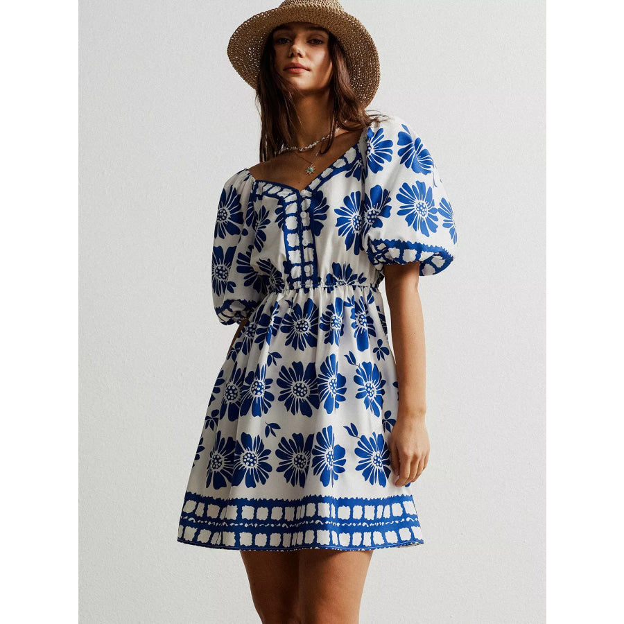 Floral Print Puff Sleeve Mini Dress Apparel and Accessories