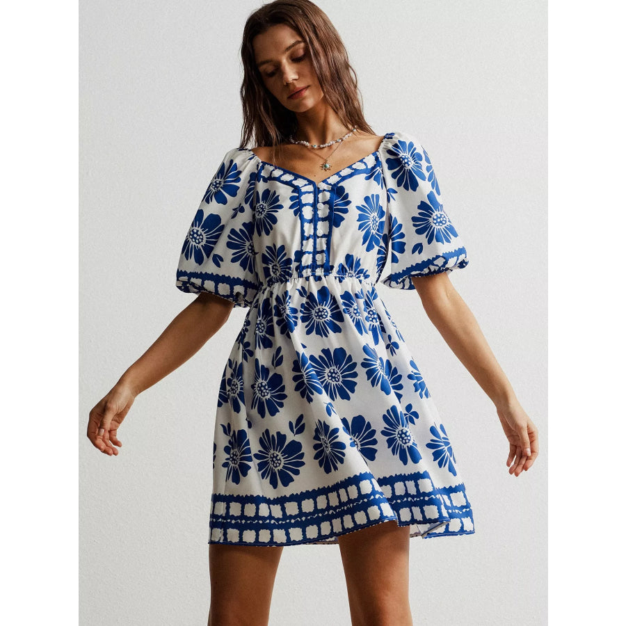 Floral Print Puff Sleeve Mini Dress Royal Blue / S Apparel and Accessories