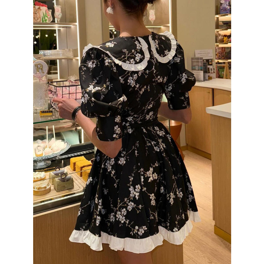 Floral Print Puff Sleeve Mini Dress Black / S Apparel and Accessories