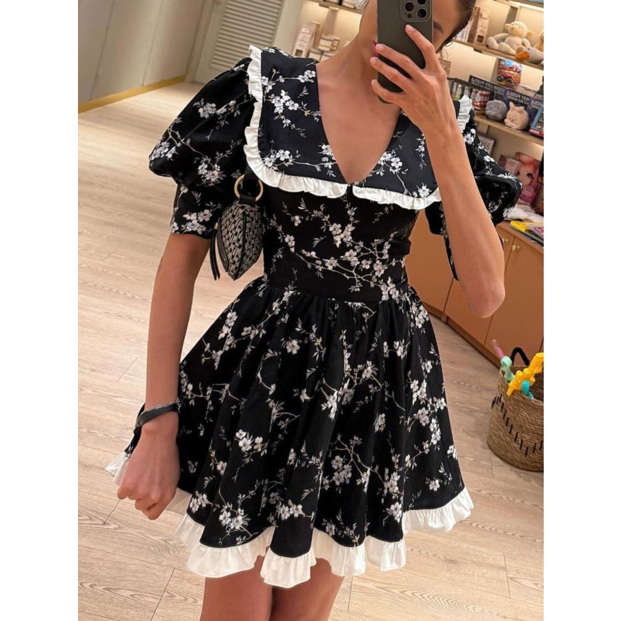 Floral Print Puff Sleeve Mini Dress Black / S Apparel and Accessories