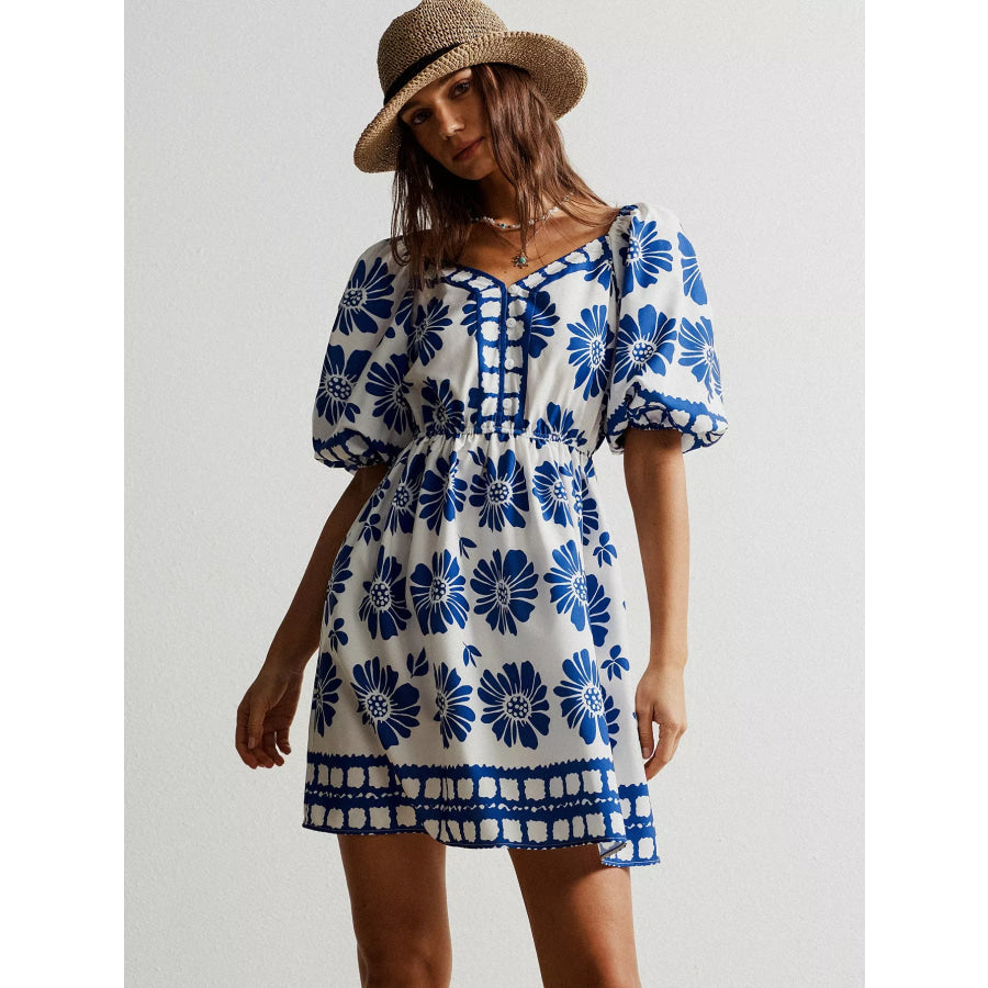 Floral Print Puff Sleeve Mini Dress Royal Blue / S Apparel and Accessories