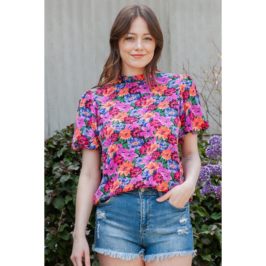 Floral Print Puff Sleeve Round Neck Blouse Floral / S