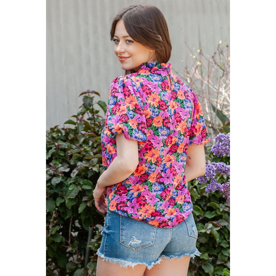 Floral Print Puff Sleeve Round Neck Blouse