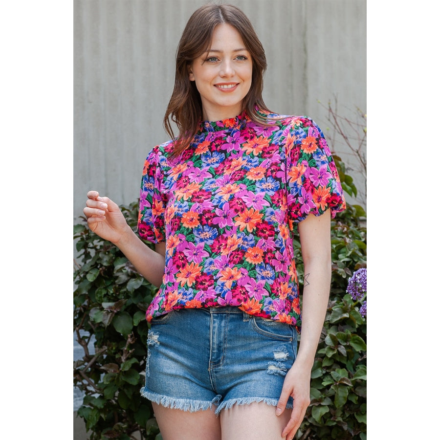 Floral Print Puff Sleeve Round Neck Blouse