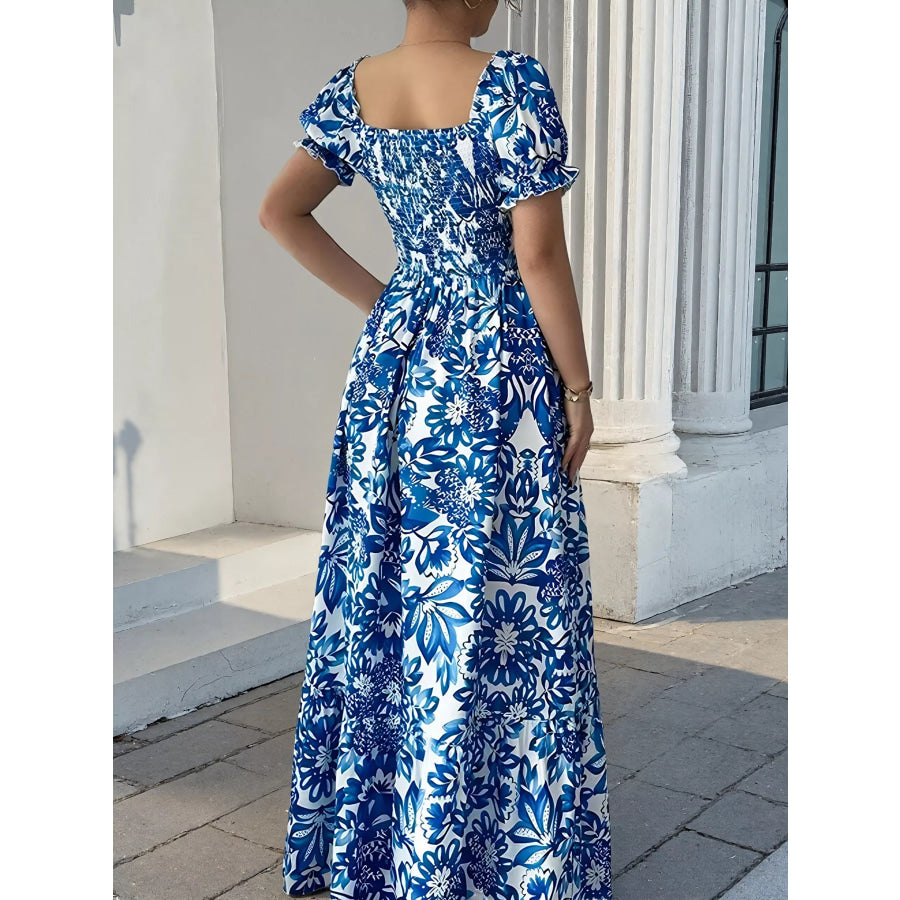 Floral Print Puff Sleeve Square Neck Maxi Dress Apparel and Accessories