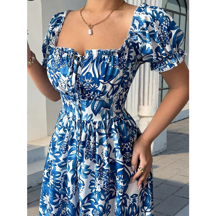Floral Print Puff Sleeve Square Neck Maxi Dress Blue / S Apparel and Accessories