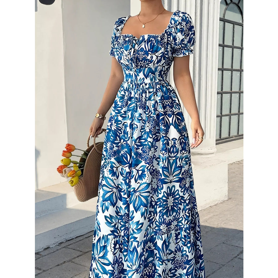 Floral Print Puff Sleeve Square Neck Maxi Dress Blue / S Apparel and Accessories