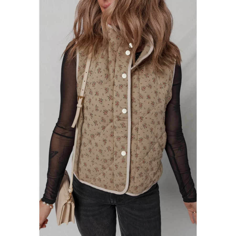 Floral Print Quilted Concealed Button Vest Apparel and Accessories