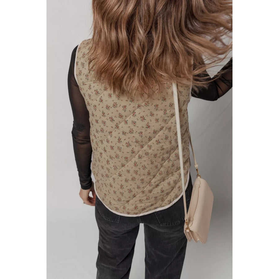 Floral Print Quilted Concealed Button Vest Apparel and Accessories