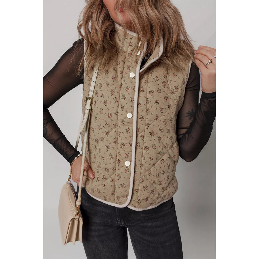 Floral Print Quilted Concealed Button Vest Apparel and Accessories