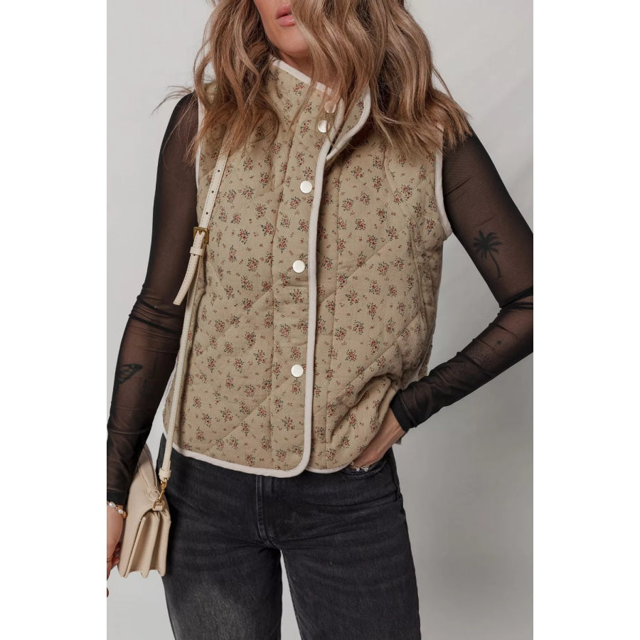 Floral Print Quilted Concealed Button Vest Apparel and Accessories