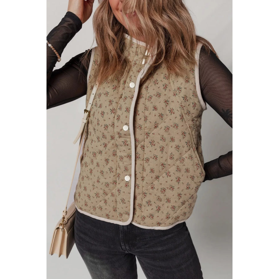 Floral Print Quilted Concealed Button Vest Khaki / S Apparel and Accessories