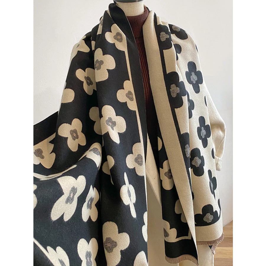 Floral Print Raw Hen Scarf Black / One Size Apparel and Accessories