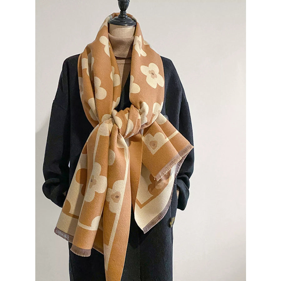 Floral Print Raw Hen Scarf Camel / One Size Apparel and Accessories