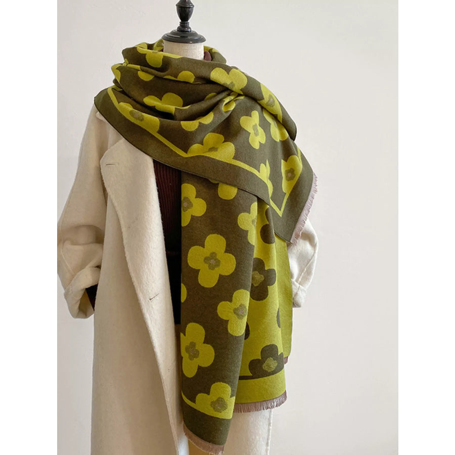 Floral Print Raw Hen Scarf Green / One Size Apparel and Accessories