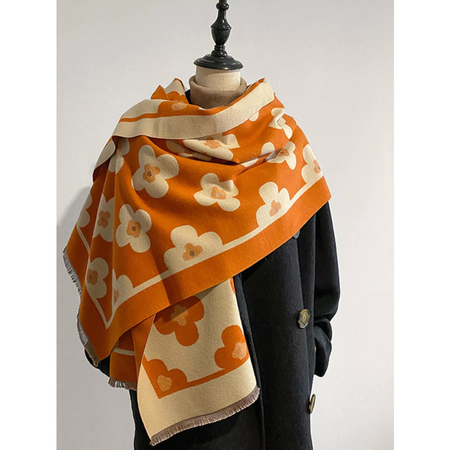 Floral Print Raw Hen Scarf Orange / One Size Apparel and Accessories
