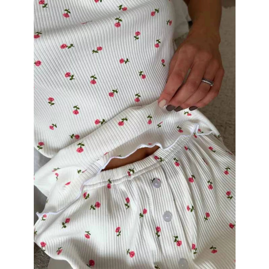 Floral Print Ribbed Knit Cami and Shorts Lounge Set Cream / S Apparel Accessories