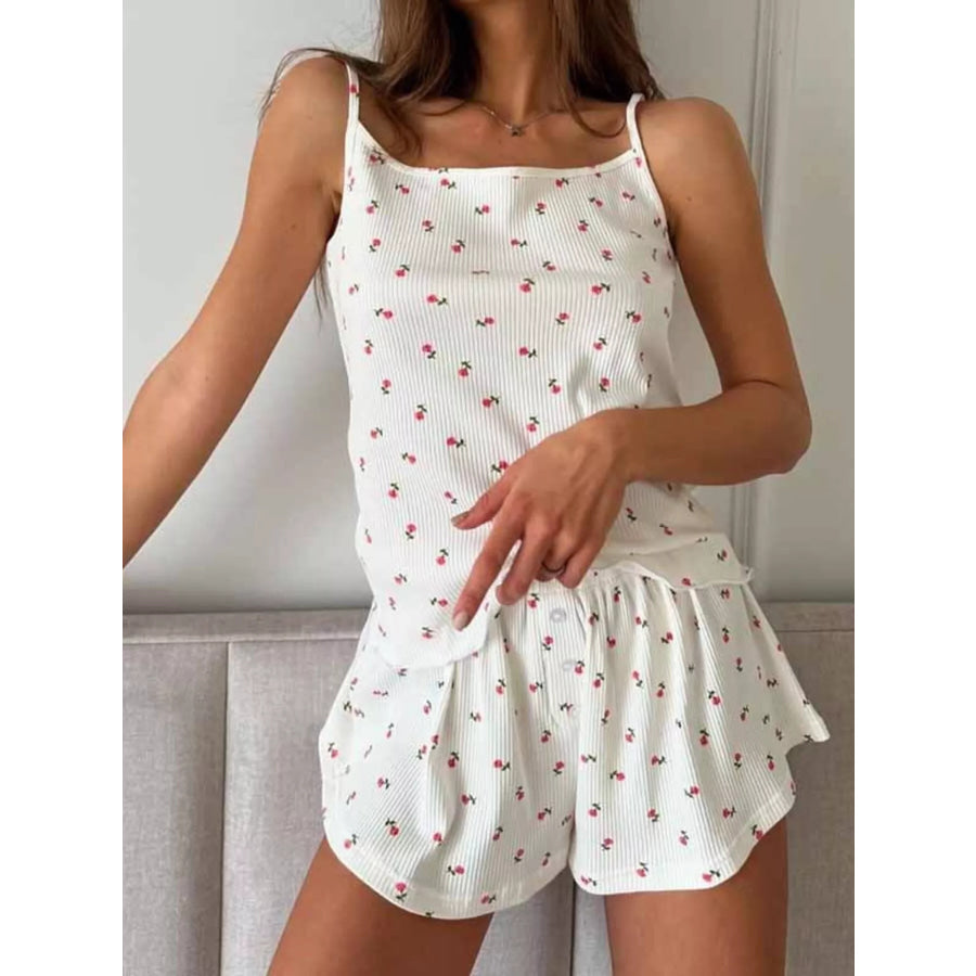 Floral Print Ribbed Knit Cami and Shorts Lounge Set Cream / S Apparel and Accessories