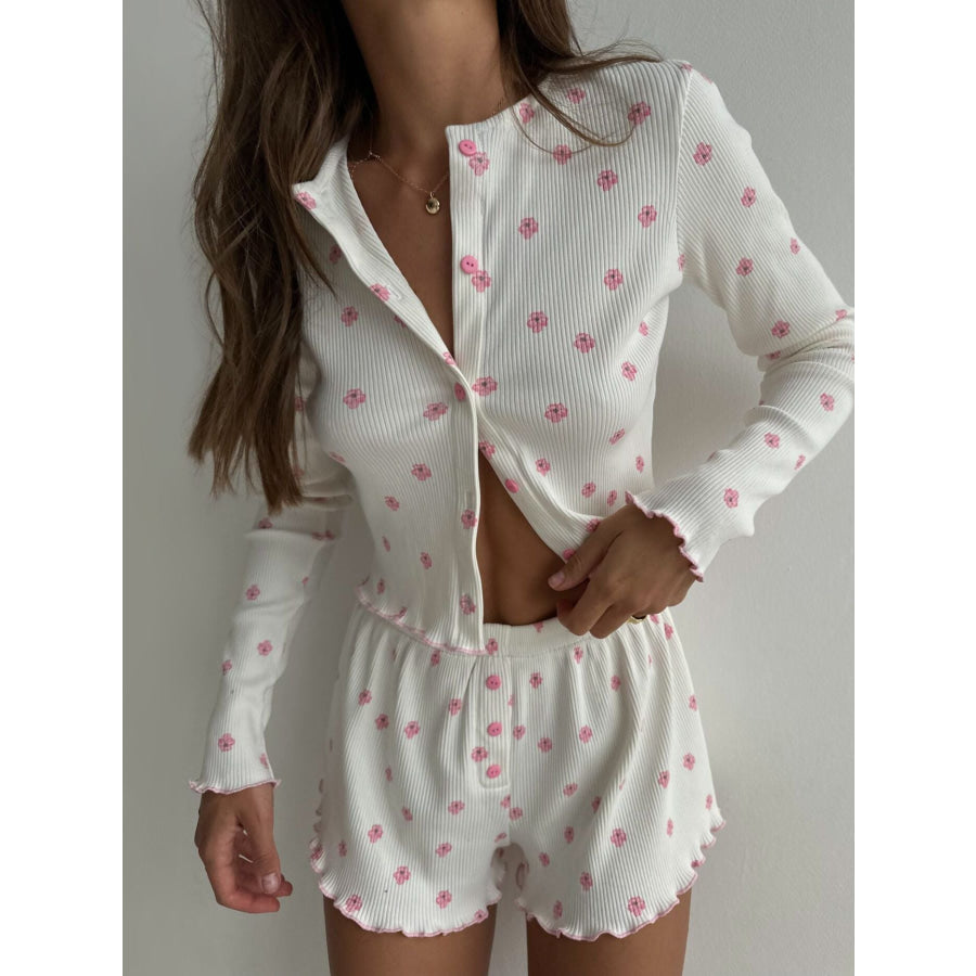 Floral Print Ribbed Knit Top and Shorts Lounge Set White / S Apparel and Accessories