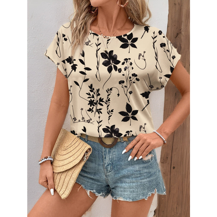 Floral Print Round Neck Blouse Apparel and Accessories