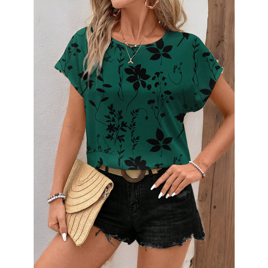 Floral Print Round Neck Blouse Dark Green / S Apparel and Accessories