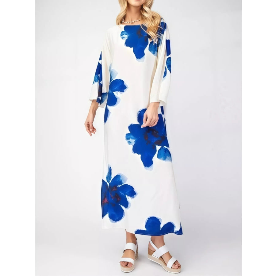 Floral Print Round Neck Dress Blue / S Apparel and Accessories