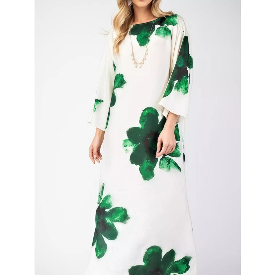 Floral Print Round Neck Dress Green / S Apparel and Accessories