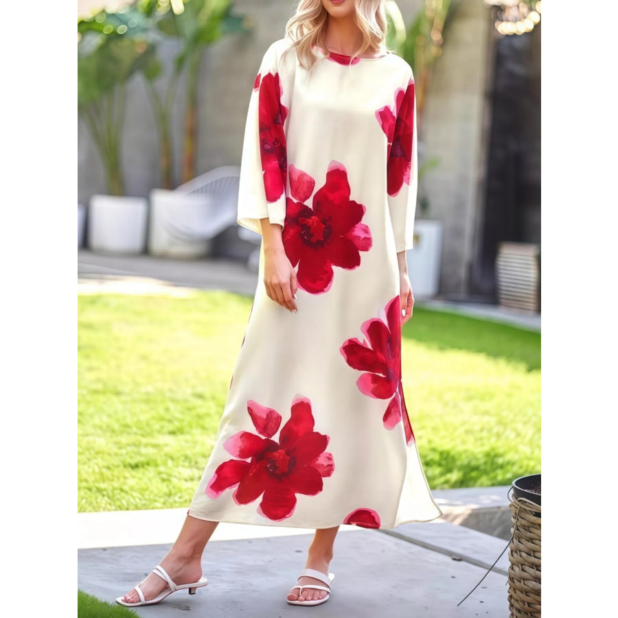 Floral Print Round Neck Dress Red / S Apparel and Accessories