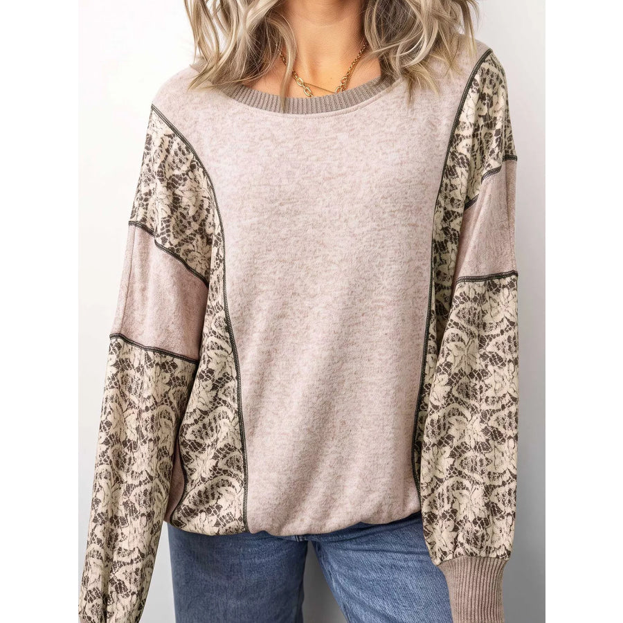 Floral Print Round Neck Long Sleeve Shift Top Apparel and Accessories
