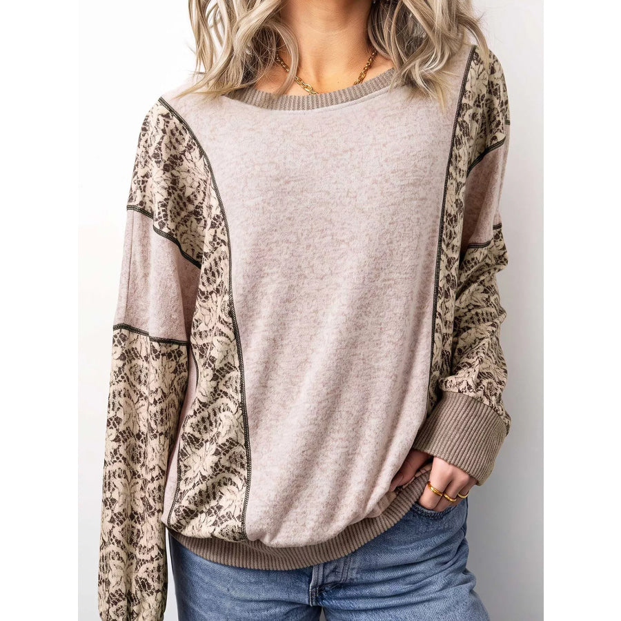Floral Print Round Neck Long Sleeve Shift Top Dust Storm / S Apparel and Accessories