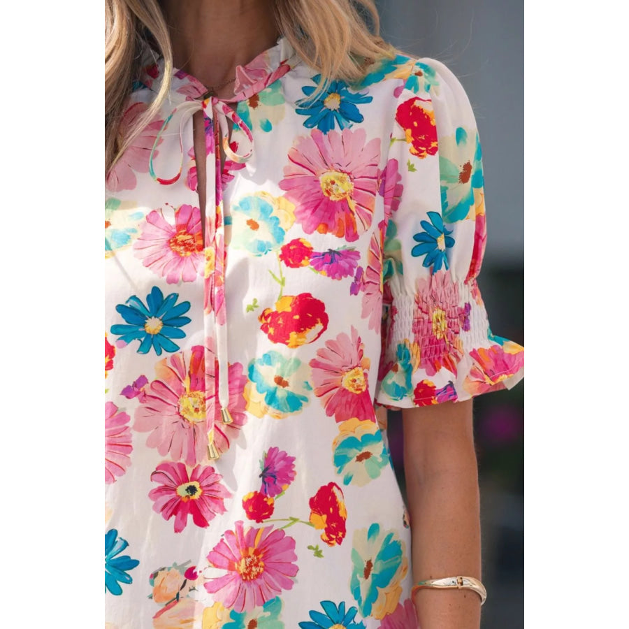 Floral Print Ruched Short Sleeve Blouse Apparel and Accessories