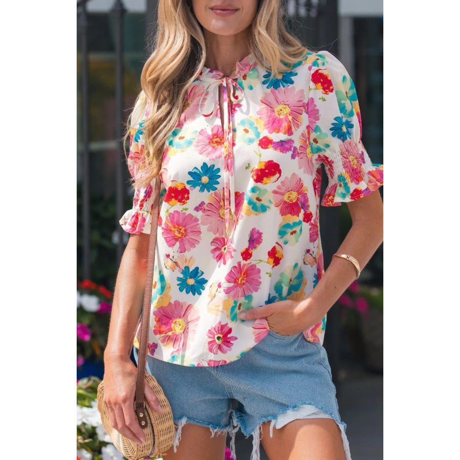 Floral Print Ruched Short Sleeve Blouse Apparel and Accessories