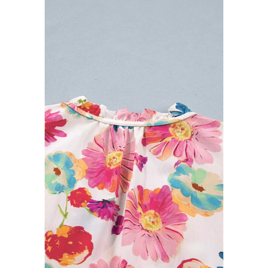 Floral Print Ruched Short Sleeve Blouse Apparel and Accessories