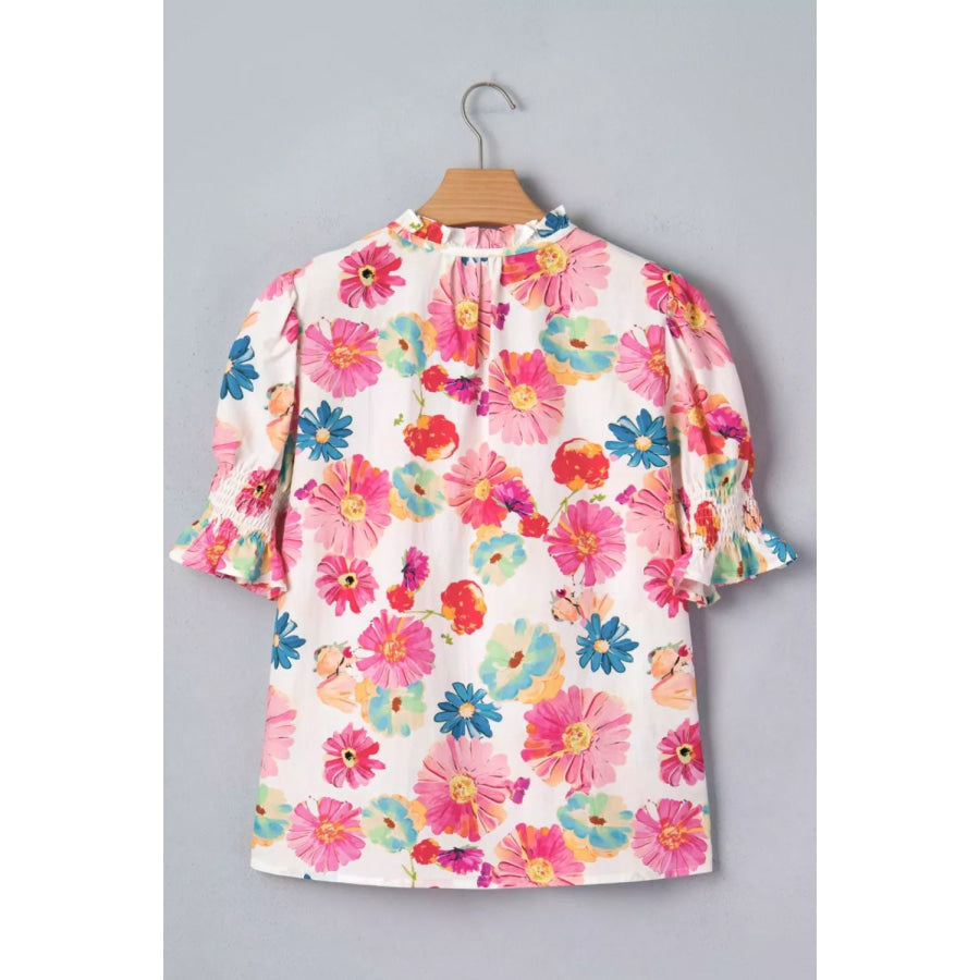 Floral Print Ruched Short Sleeve Blouse Apparel and Accessories