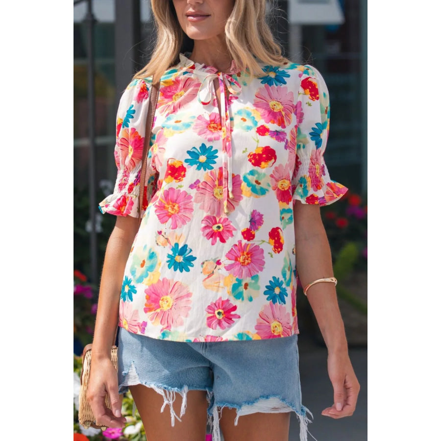 Floral Print Ruched Short Sleeve Blouse Apparel and Accessories