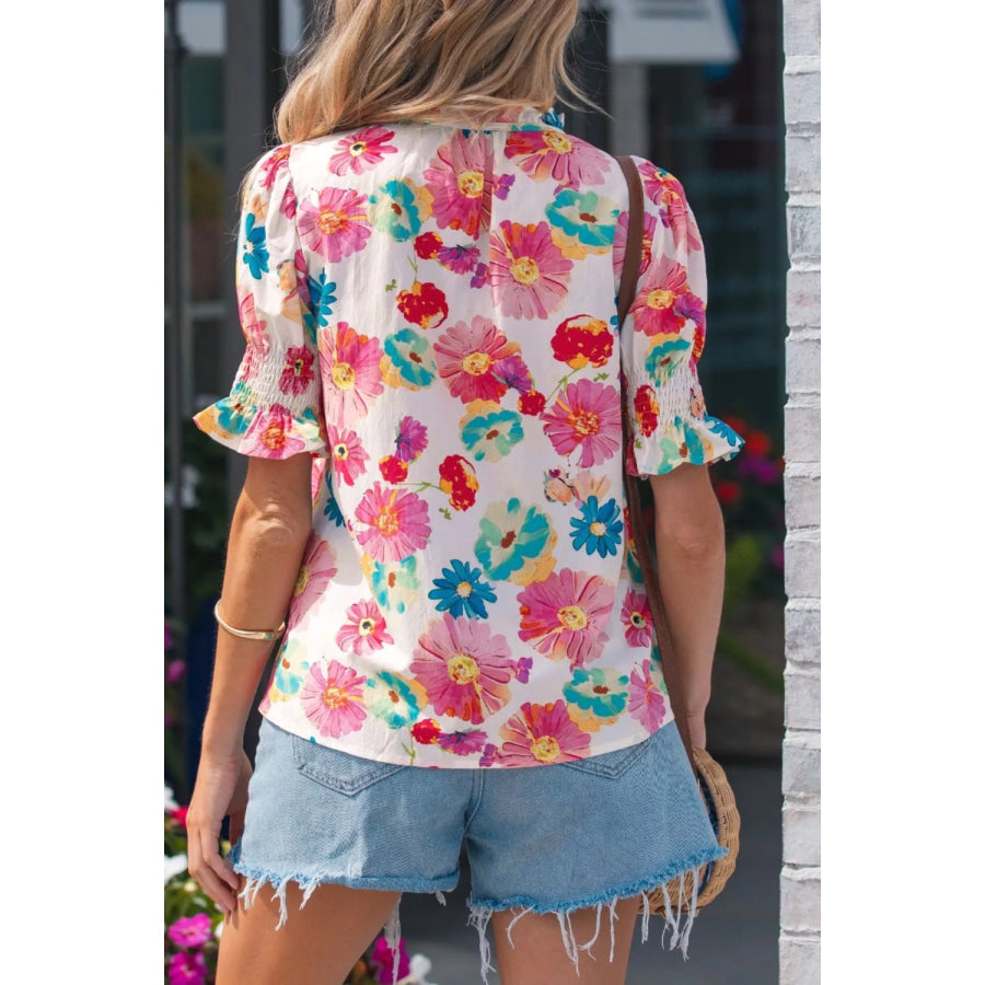 Floral Print Ruched Short Sleeve Blouse Apparel and Accessories